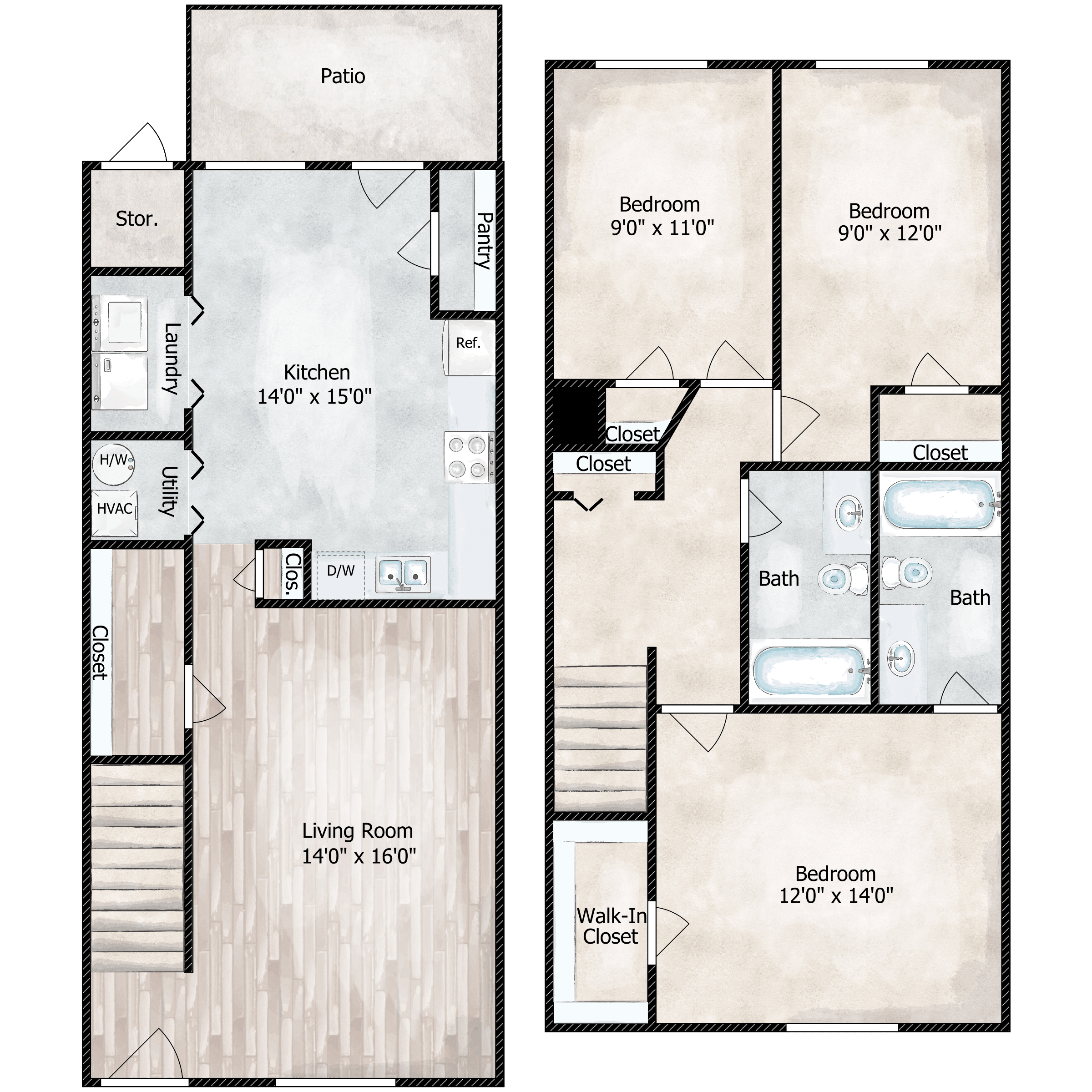 Floor plan for 3 beds, 2 baths, 1309 sqft